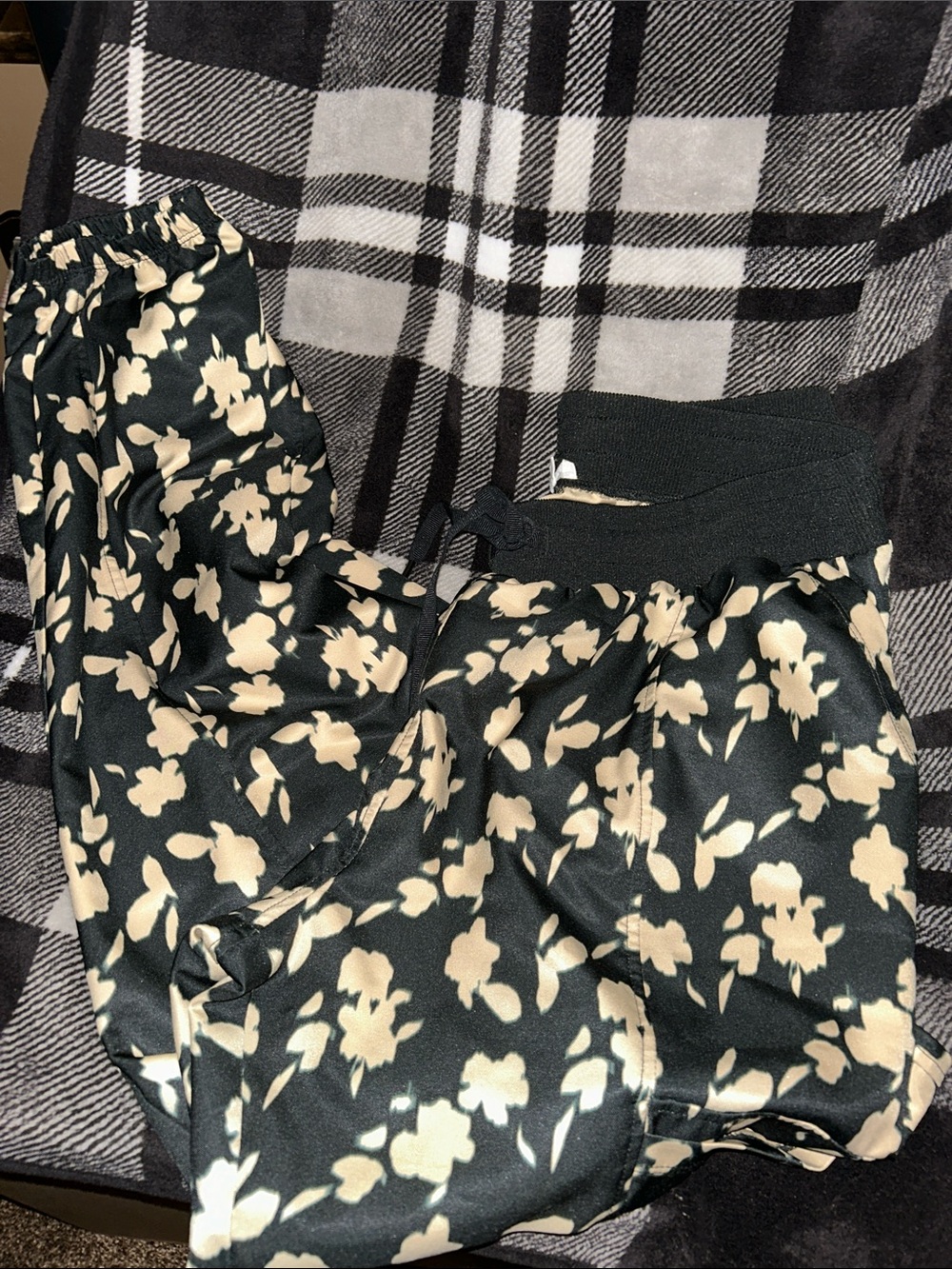 Black Floral Drawstring Jogger Pants with Cream Print